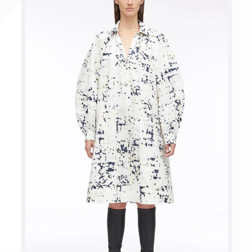 3.1 Phillip Lim Womens Large White Abstract Ink Blot Cotton Lantern‎ Shirt Dress